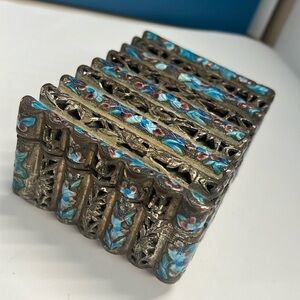 Antique Asian Cloisonné Repousse Silver Copper Brass Enamel Trinket Box